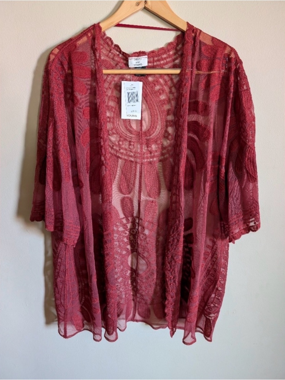 David and Young - Crochet Lace Open Front Kimono - Red